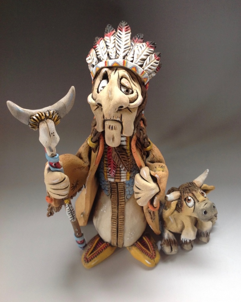 American Indian and Baby Buffalo Sculpture - Ceramic