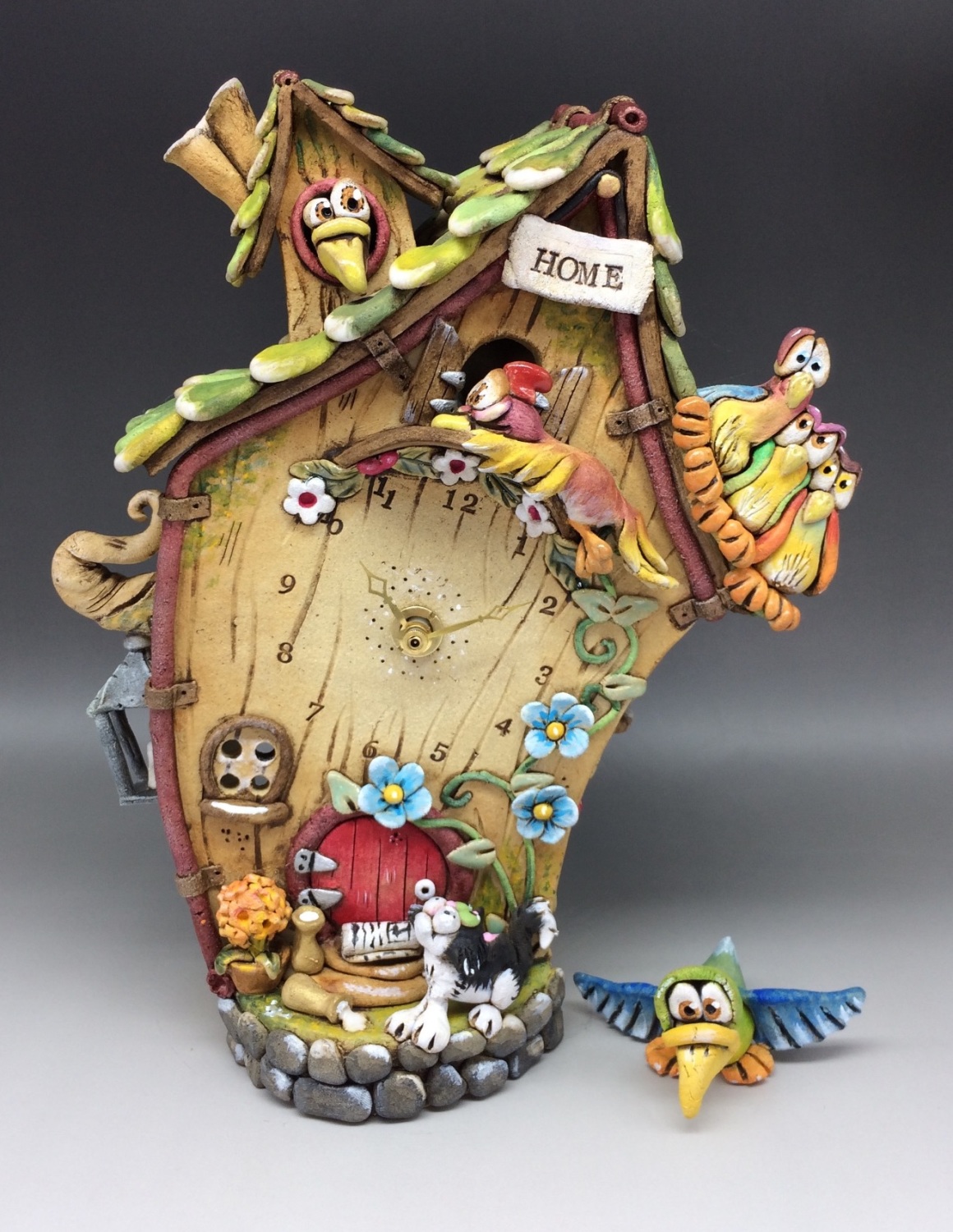 Bird Cuckoo Style Clock with swinging Pendulum, Ceramic Pottery Wall Clock,