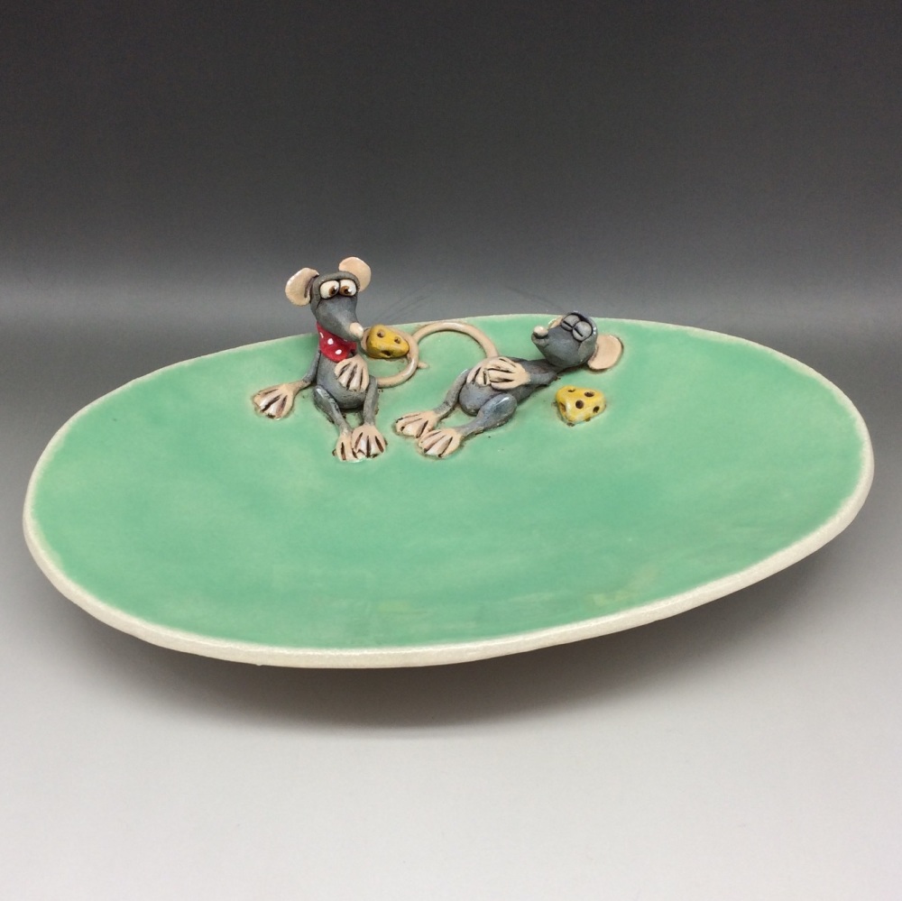 Cheese Serving Platter or Dish , Mouse Design - Ceramic Pottery
