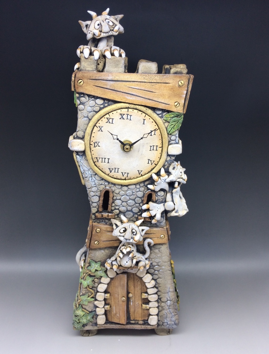 Gargoyle Clock, Ceramic Pottery Mantel Clock