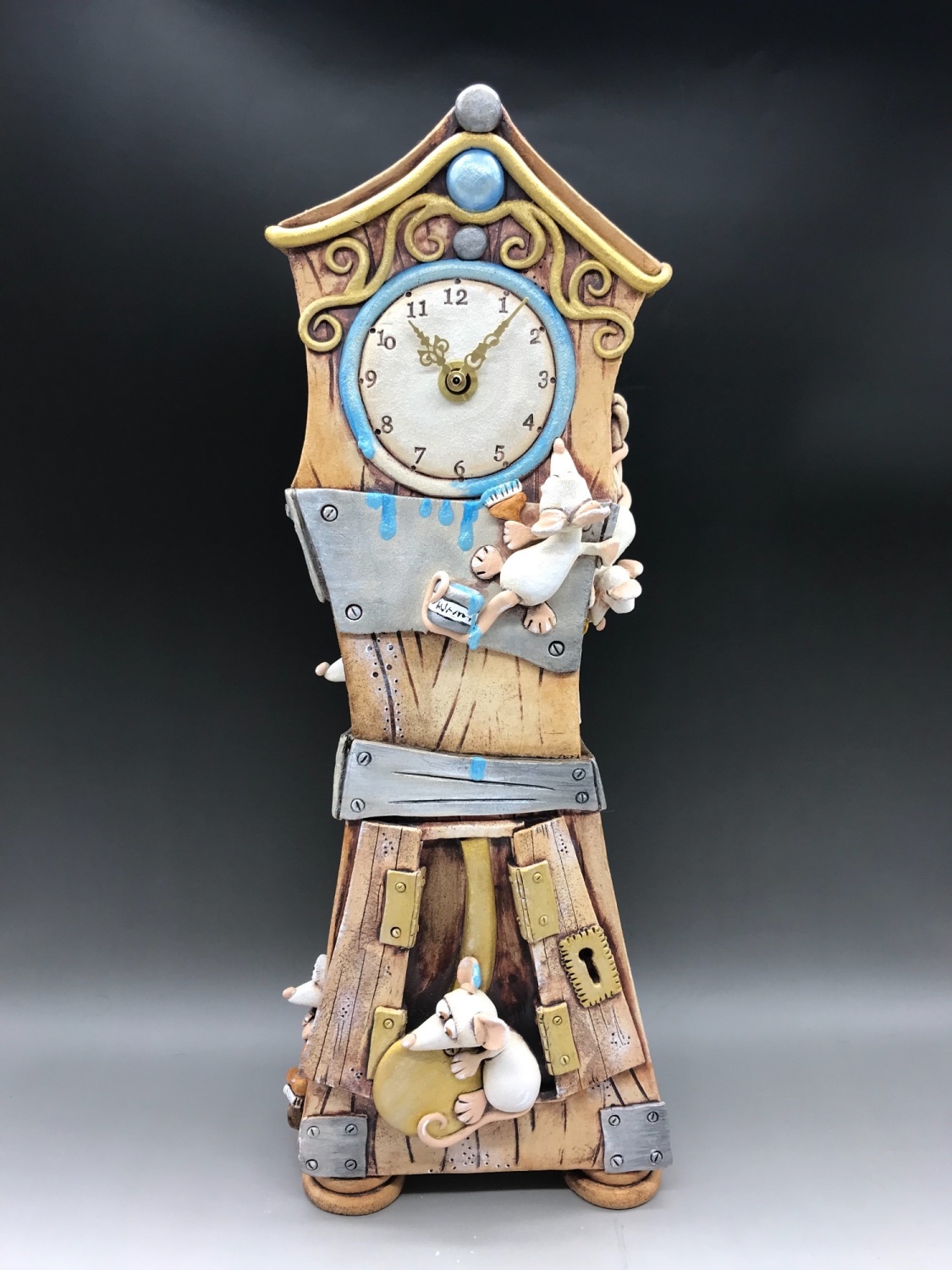 Mouse Grandfather Clock, Ceramic Pottery Mantel Clock Blue Accents