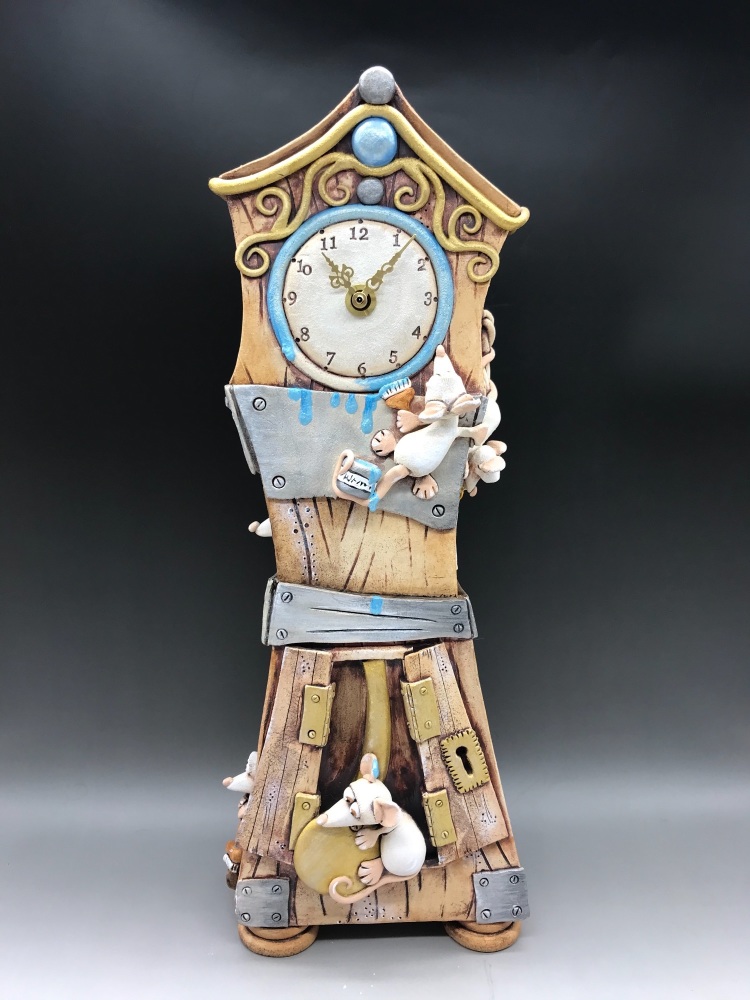 Mouse Grandfather Clock, Ceramic Pottery Mantel Clock