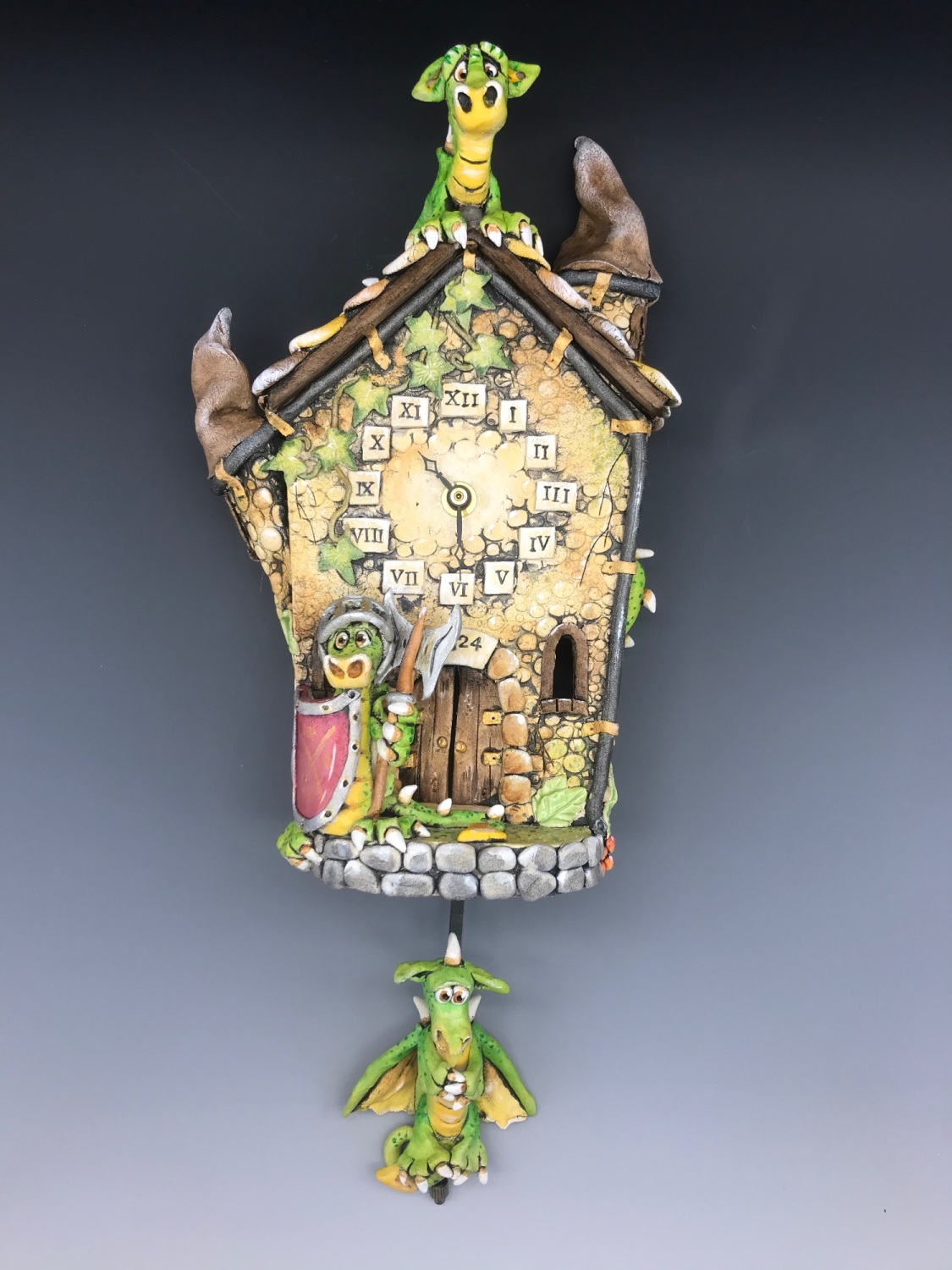 Dragon Clock with swinging Pendulum, Ceramic Pottery Wall Clock, 'Here