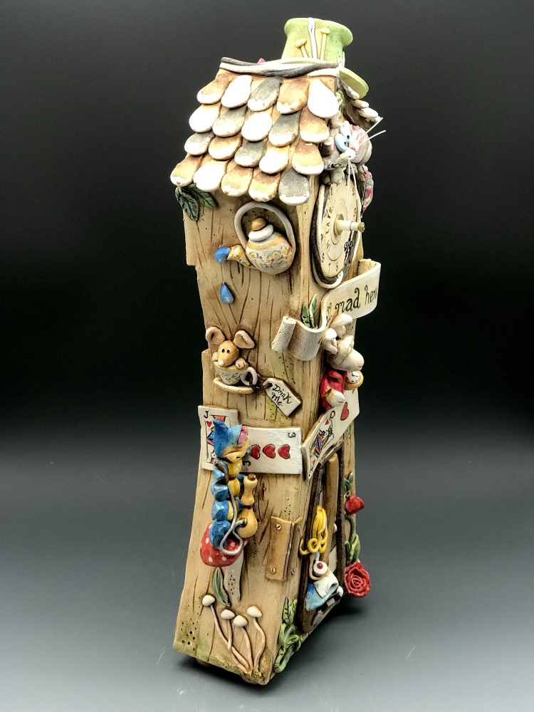 Alice in Wonderland Grandfather Clock, Ceramic Pottery Mantel Clock