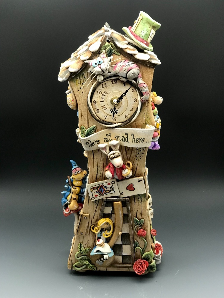 Alice in Wonderland Grandfather Clock, Ceramic Pottery Mantel Clock