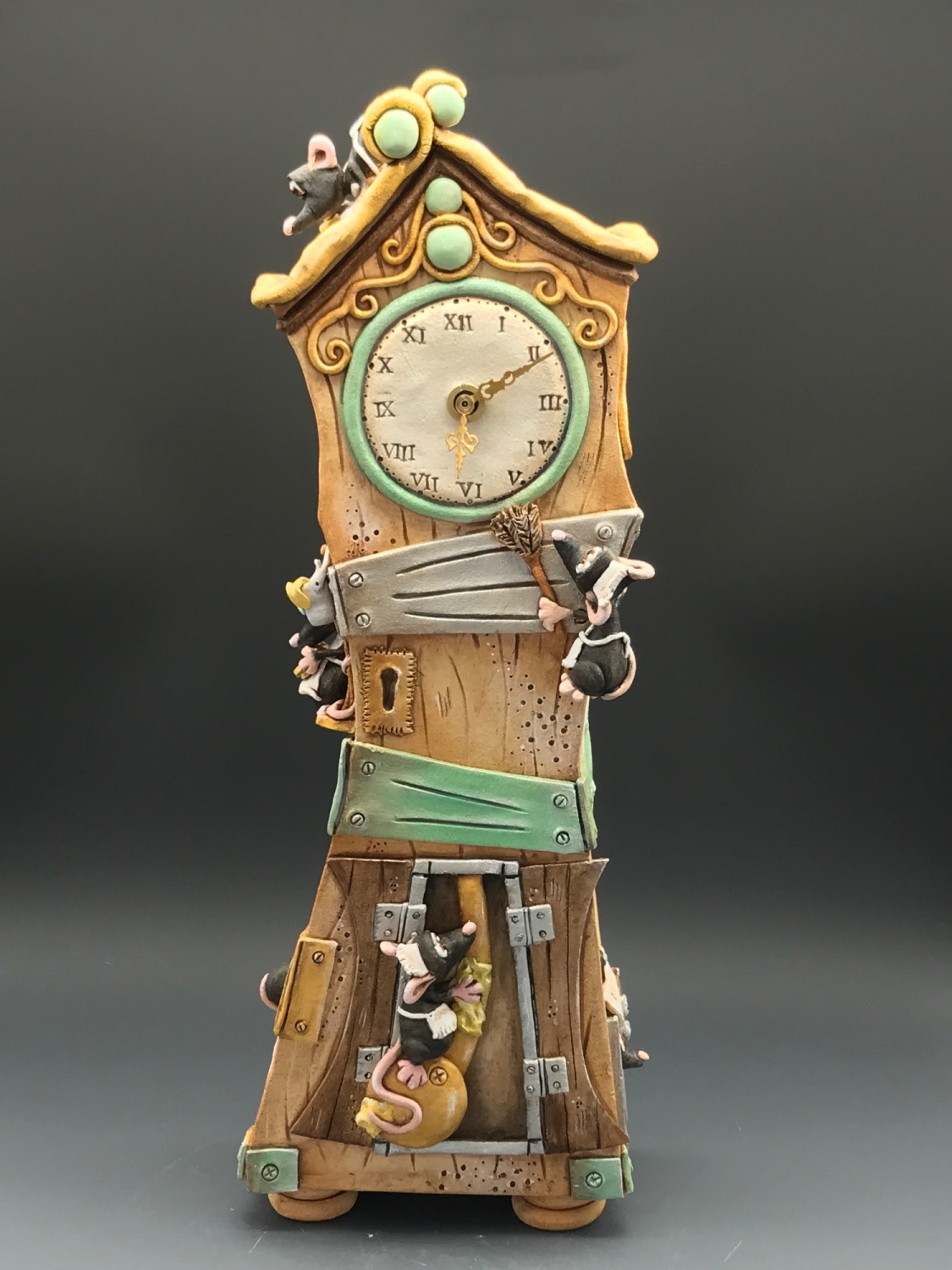 Mouse Grandfather Clock, Ceramic Pottery Mantel Clock House Keeping