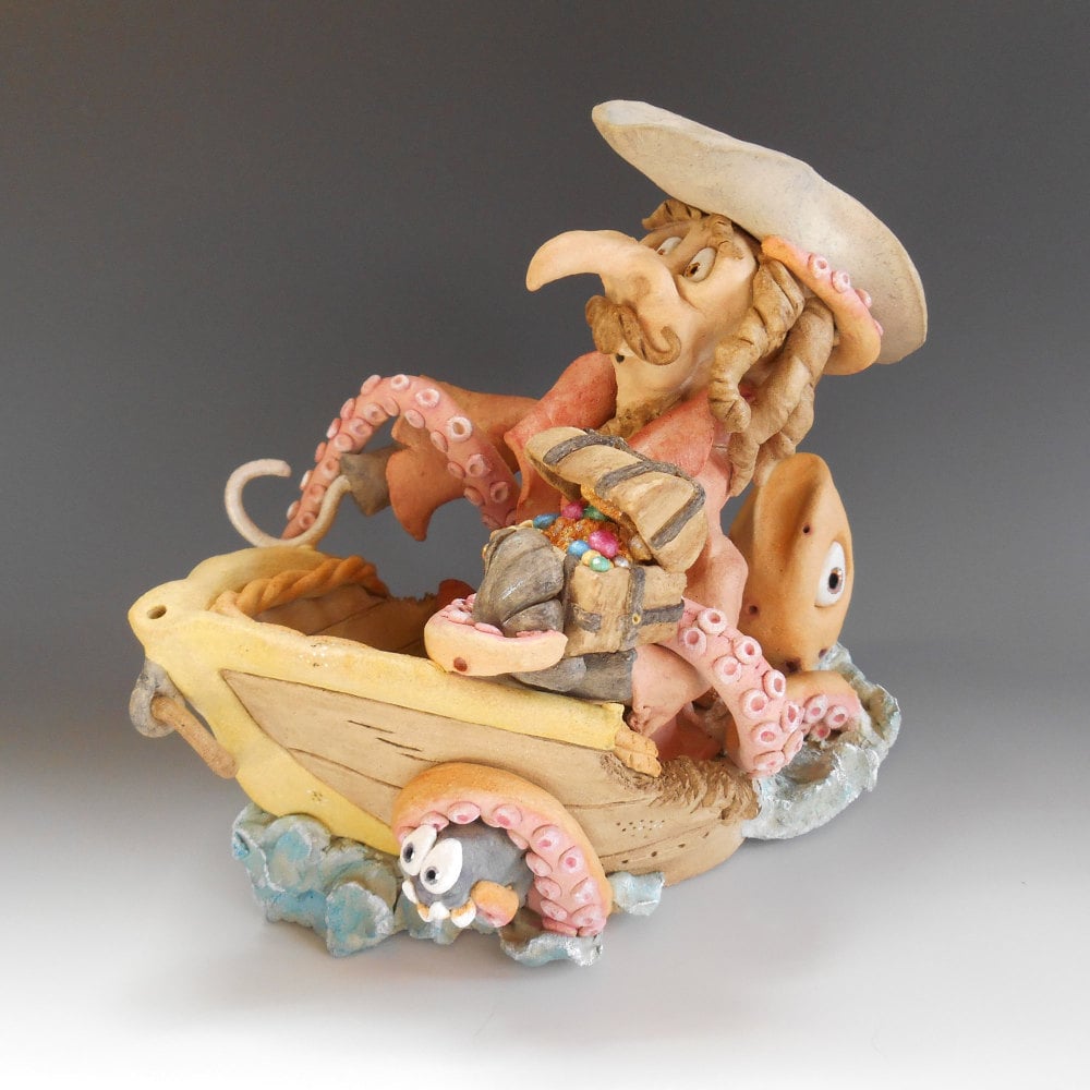 Pirate and Kraken - Ceramic Sculpture