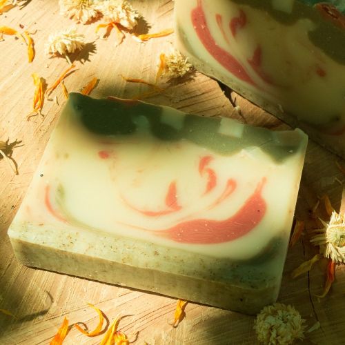 Wild meadow handmade soap in the sunshine with chamomile and honeysuckle flowers