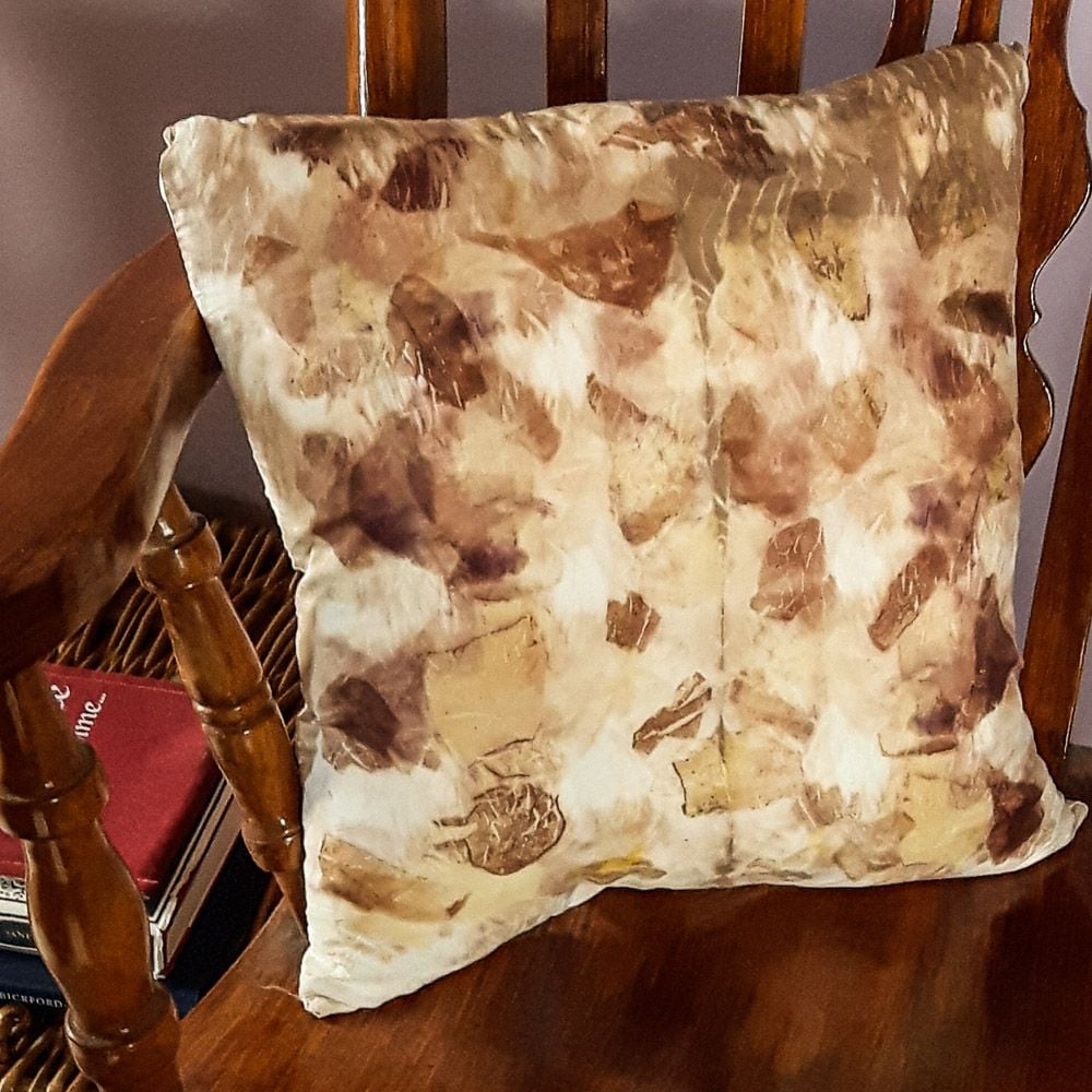 Brown Onion and oak tannin print silk cushion 40cm x 40cm