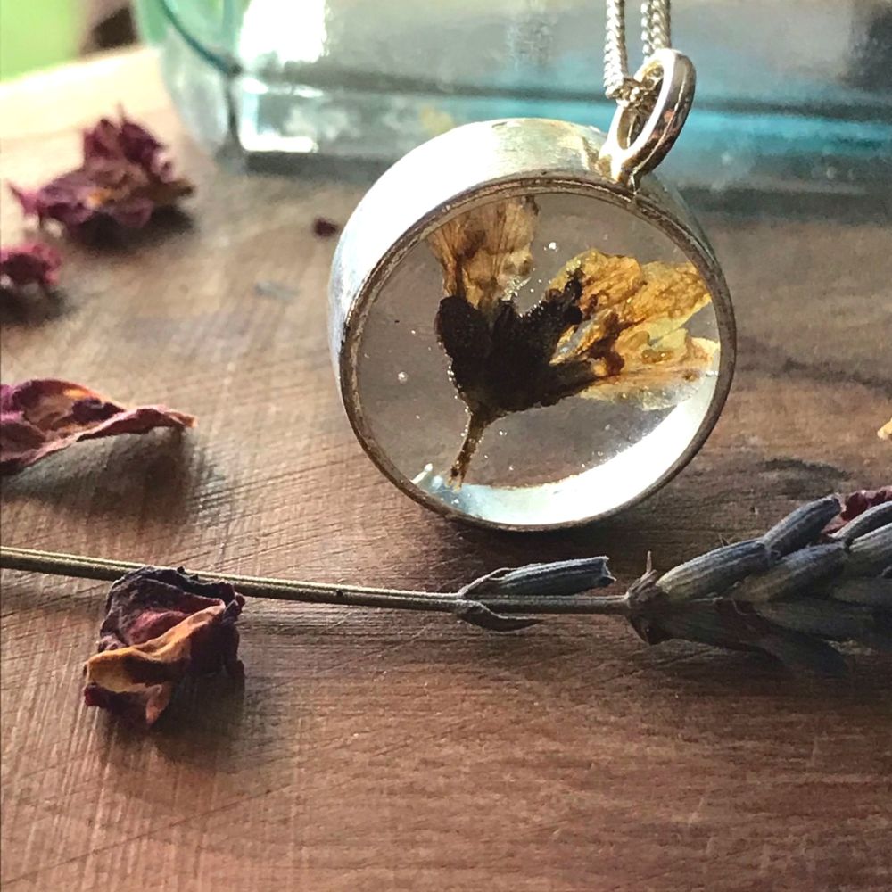 Yellow Gorse flower bezel pendant on a 16 inch sterling silver chain. 