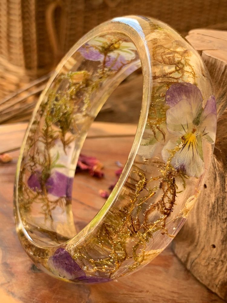 Wide Viola and woodland moss bangle