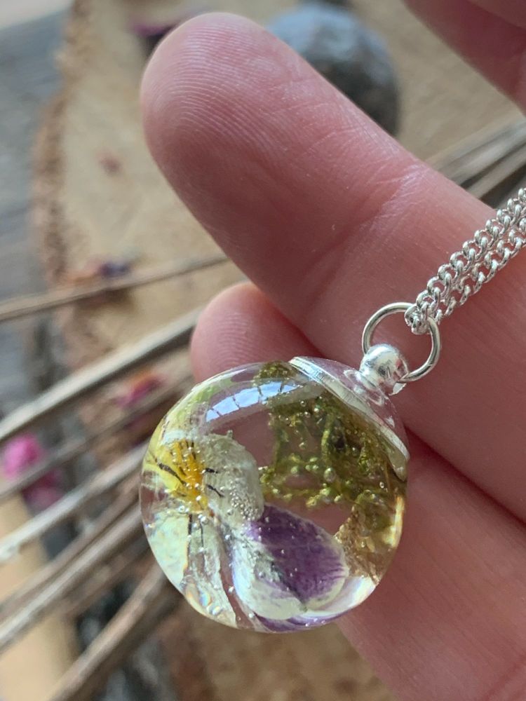 Viola and forest moss frond Drop pendant on a 18 inch sterling silver chain