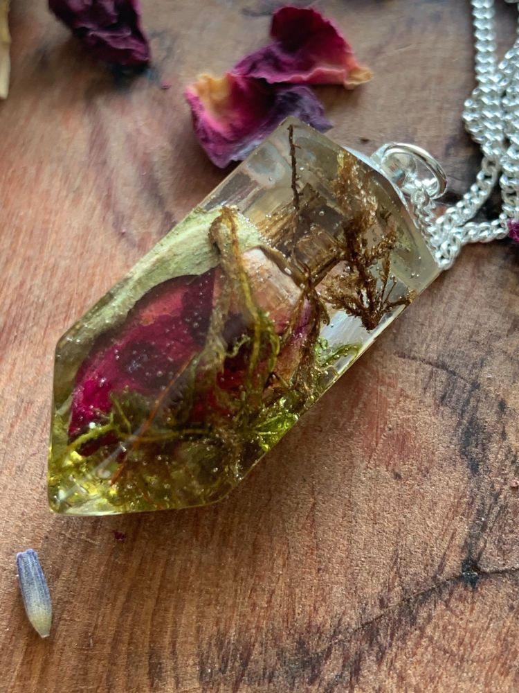 Red Rosebud and forest moss crystal point pendant on a 18 inch sterling sil