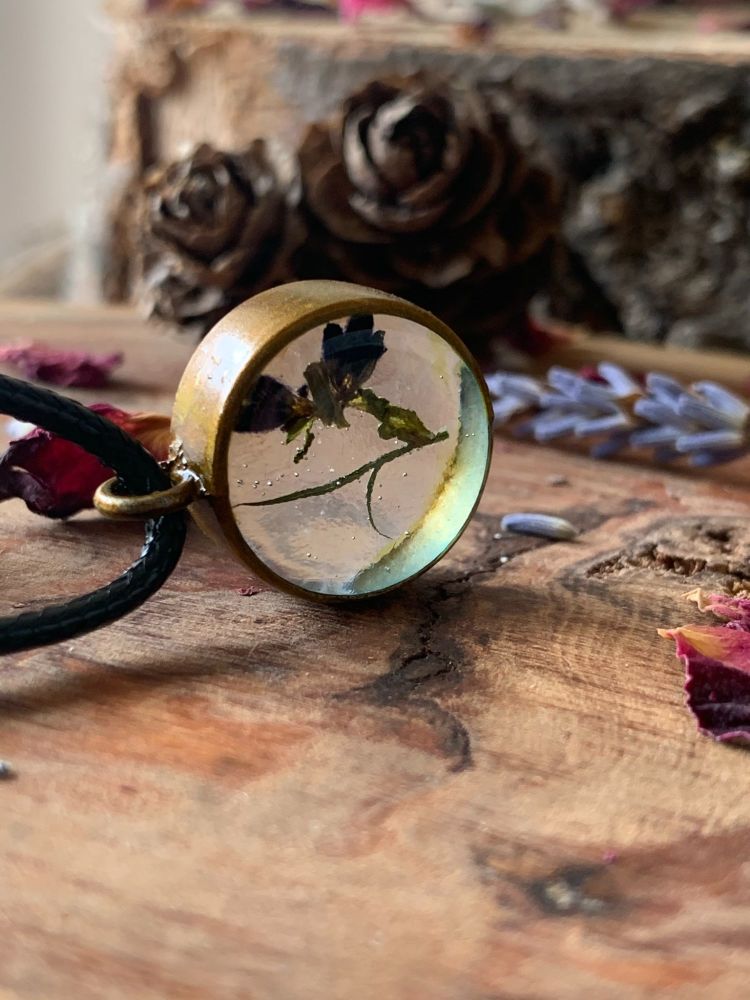 Small Wildflower bezel pendant on an 18 inch antique brass chain -  slight seconds