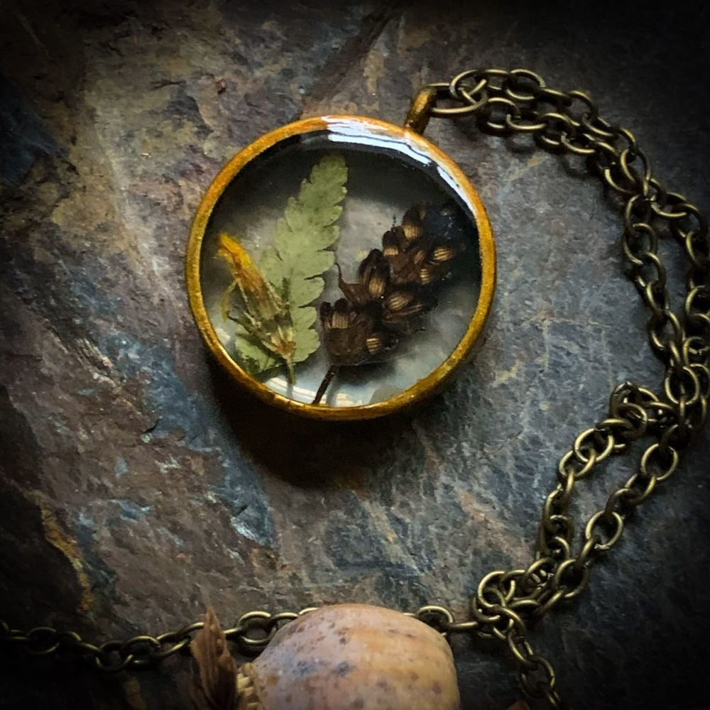 Large Lavender, Fern and Gorse flower bezel pendant on an 18 inch antique brass chain - slight seconds