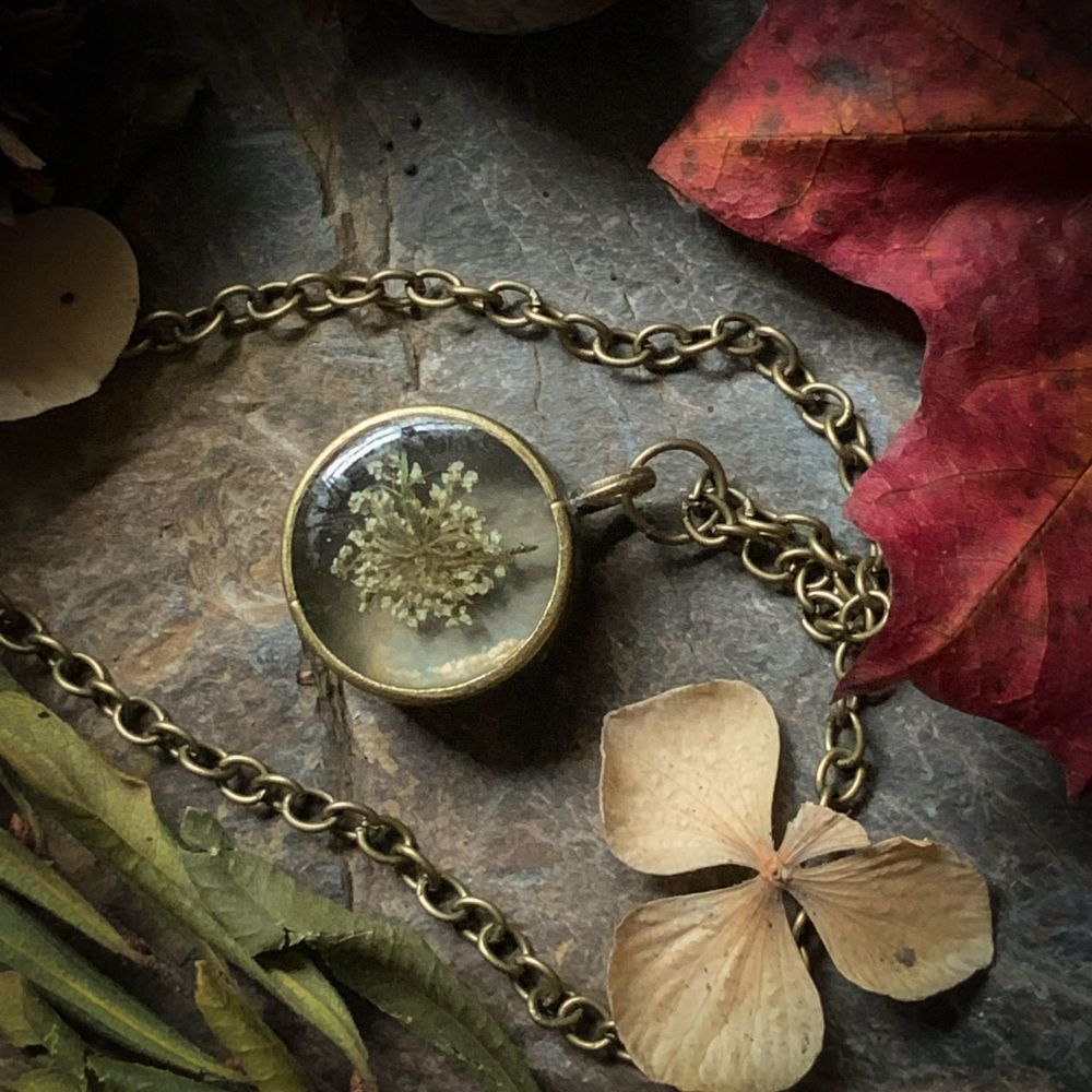 Small Queen Anne's Lace bezel pendant on an 18 inch antique brass chain -  