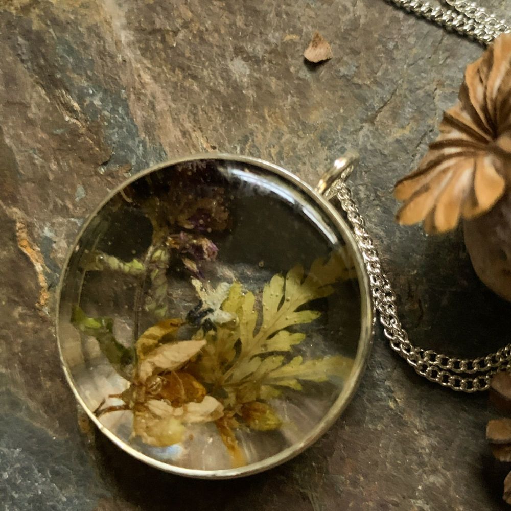 Large Bezel pendant with Lavender and jasmine flowers  with fern tips on an