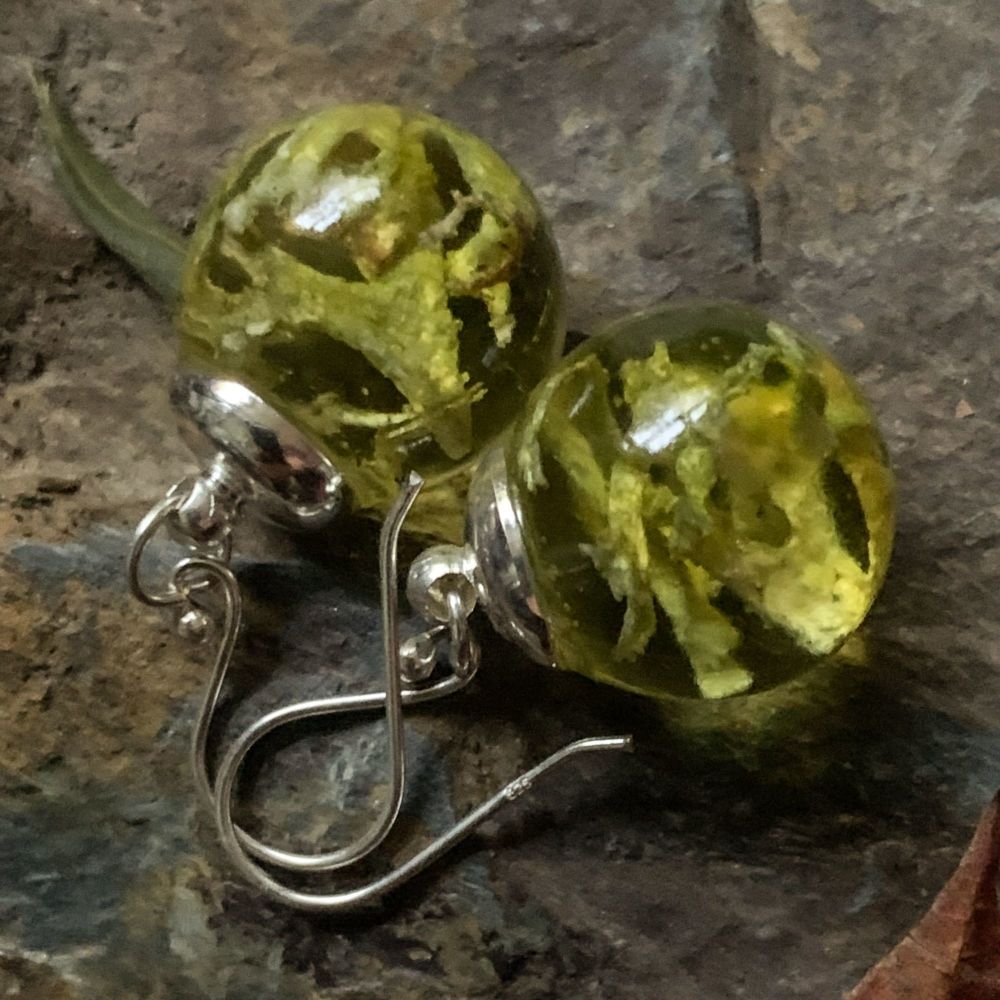 Lime Green Oakmoss lichen drop earrings.