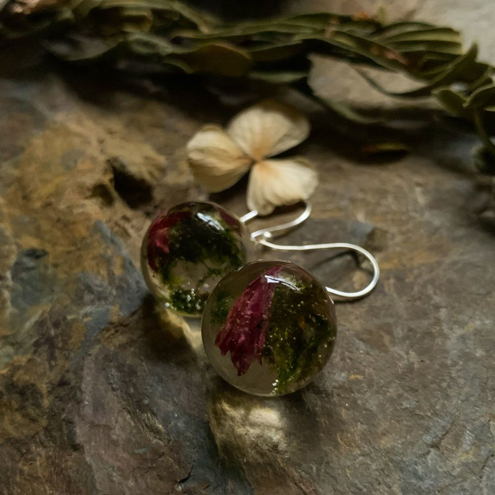 Woodland Moss and Red Cornflower drop earrings.