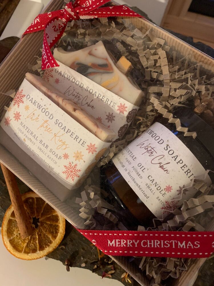 Gift Boxed Set of 2 Christmas soaps and a festive essential oil candle WAS £30, NOW £25