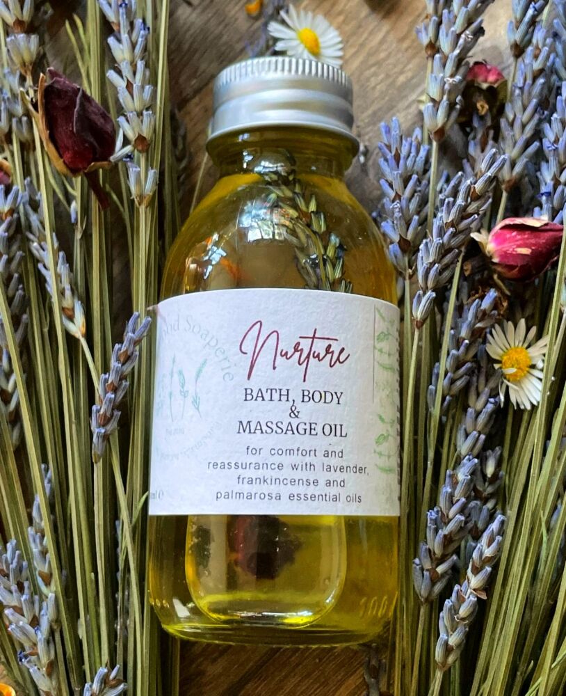 Nurture Bath & Body Oil with Comforting Lavender & Frankinsence oils.