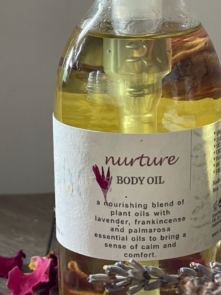 Nurture Body Oil with Comforting Lavender & Frankinsence oils.