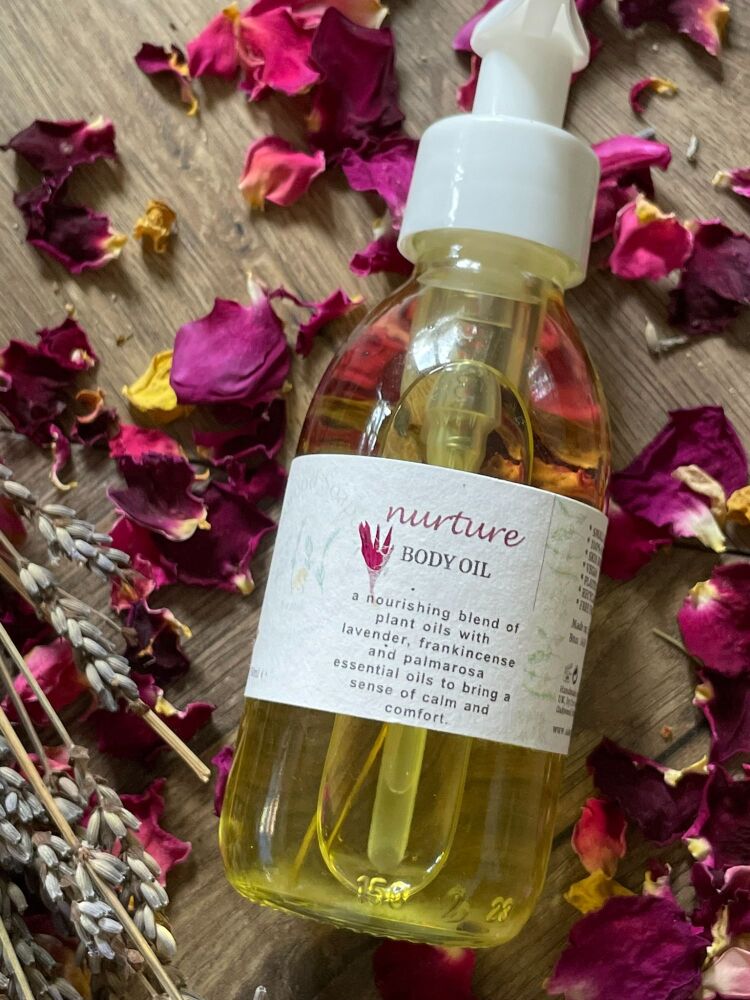 Nurture Body Oil with Comforting Lavender & Frankinsence oils.