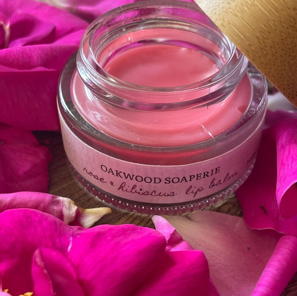 Rose & Hibiscus Lip Balm with Beeswax, and essential oil.