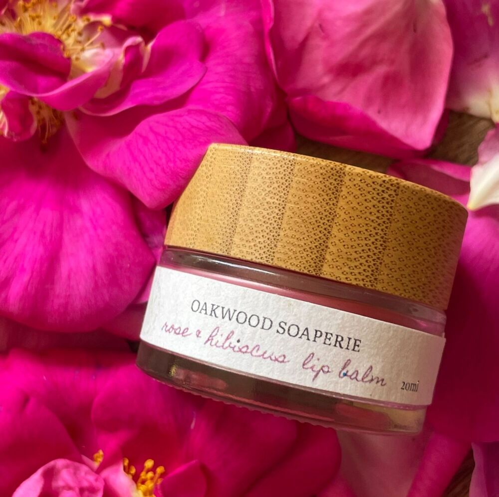 Rose & Hibiscus Lip Balm with Beeswax, and essential oil.