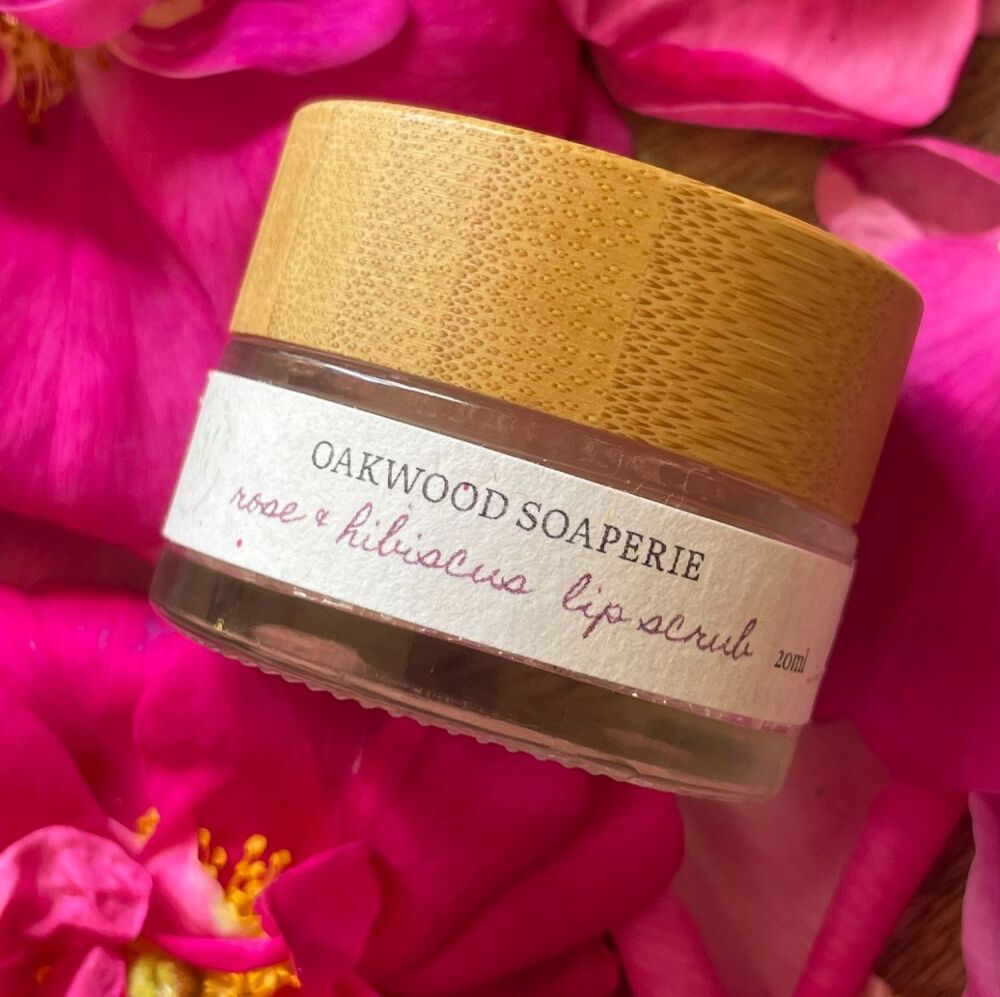 Rose & Hibiscus Lip Scrub with Beeswax, and essential oil.