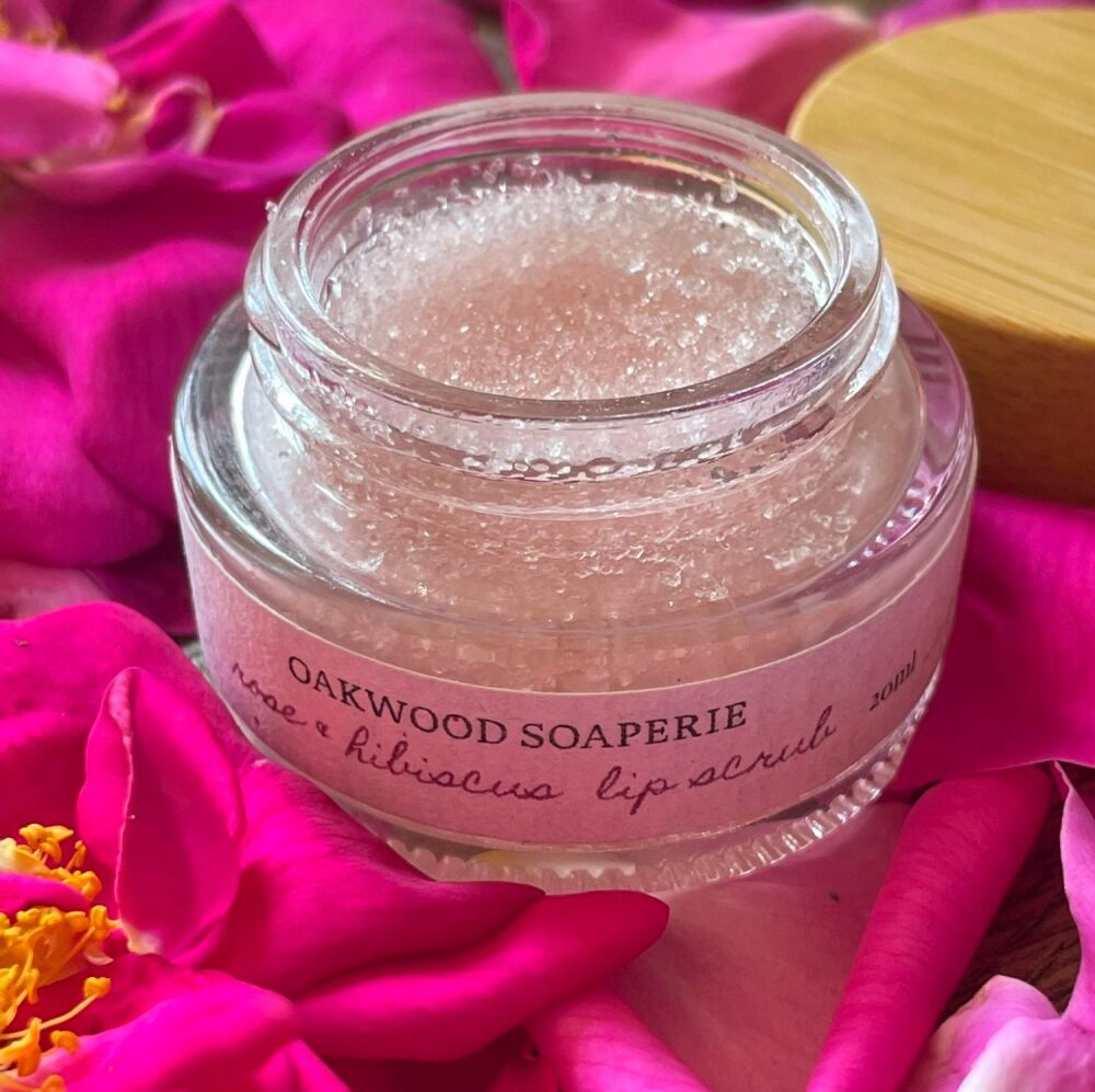 Rose & Hibiscus Lip Scrub with Beeswax, and essential oil.