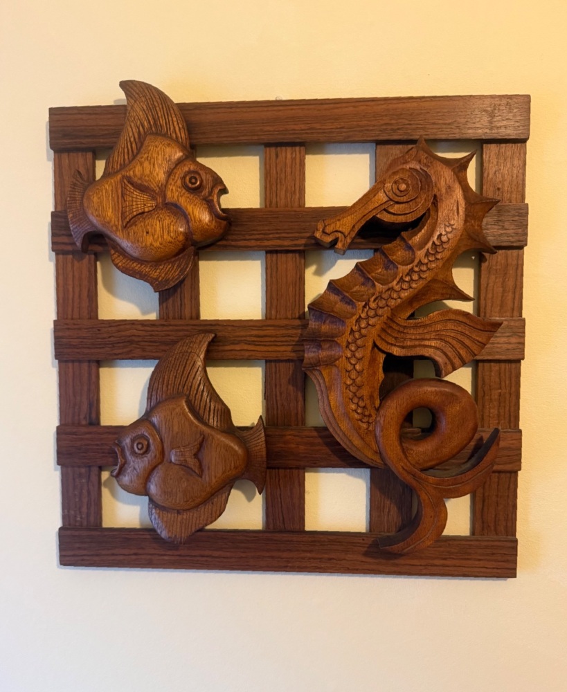 Hand carved Wood Fretwork Panel of a Sea Horse and Fish