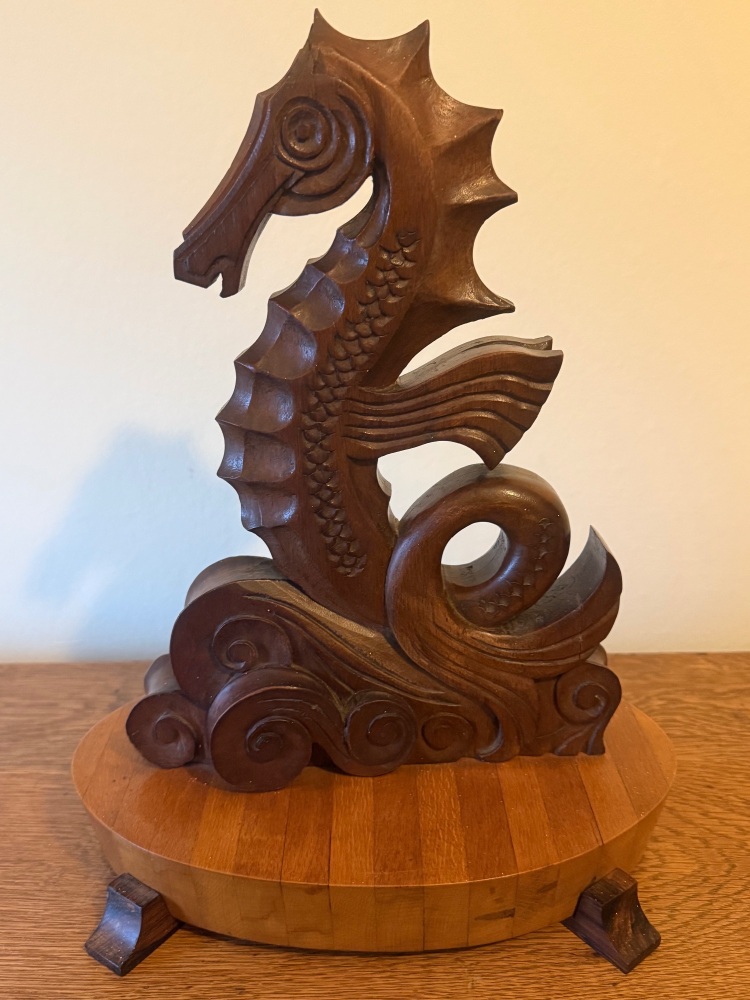 Handcrafted Seahorse statue on wooden Banded Plinth