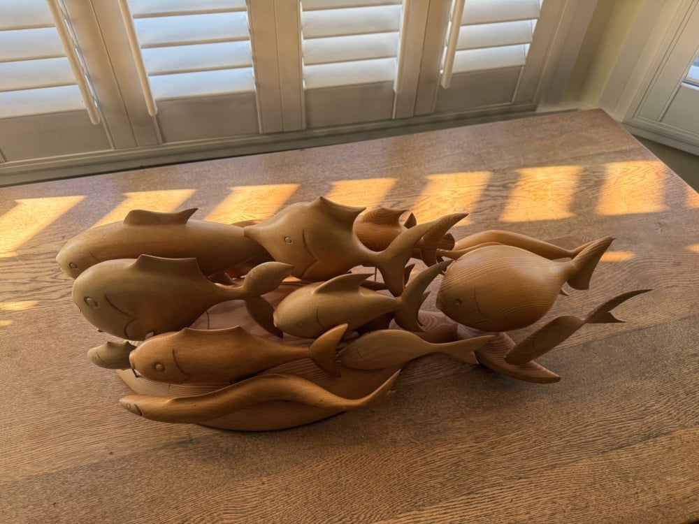 A Large Shoal ,of Hand Carved Fish. carved in boxwood and pinewood.