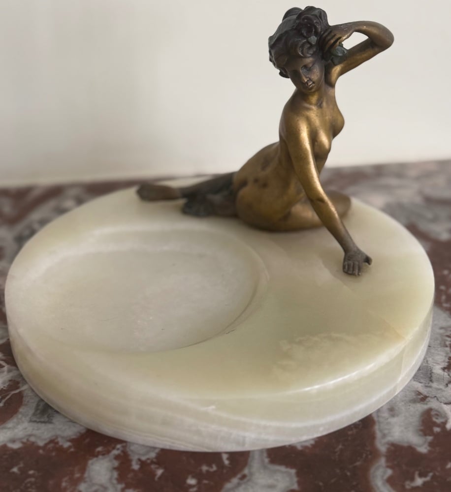 Art Nouveau Bronze Maiden on Trinket Dish .