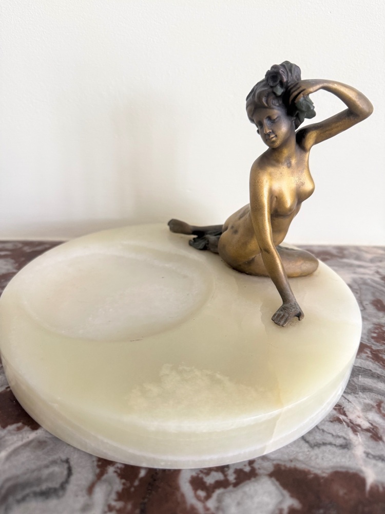 Art Nouveau Bronze semi clad maiden on a onyx trinket tray.