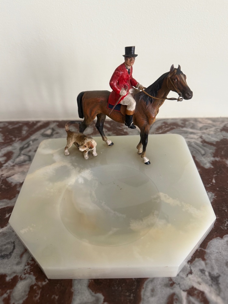 Hunter on Horseback with Dog Bronze figure on Onyx Trinket Tray