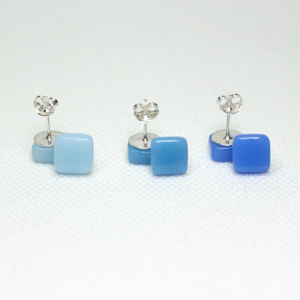Blue Tones Square Glass Sterling Silver Earrings Set