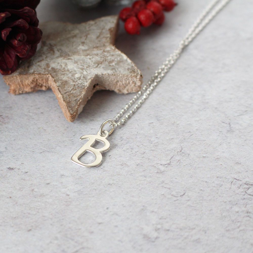 Sterling Silver Script Initial B Pendant Necklace • Letter B Necklace 