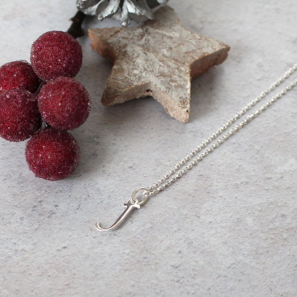 Sterling Silver Script Initial J Pendant Necklace • Letter J Necklace