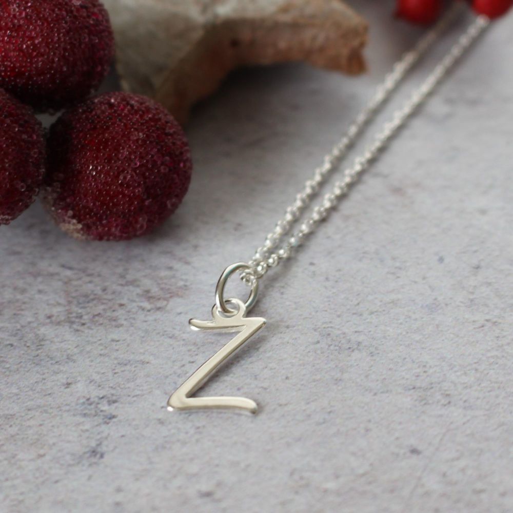 Sterling Silver Script Initial Z Pendant Necklace • Letter Z Necklace