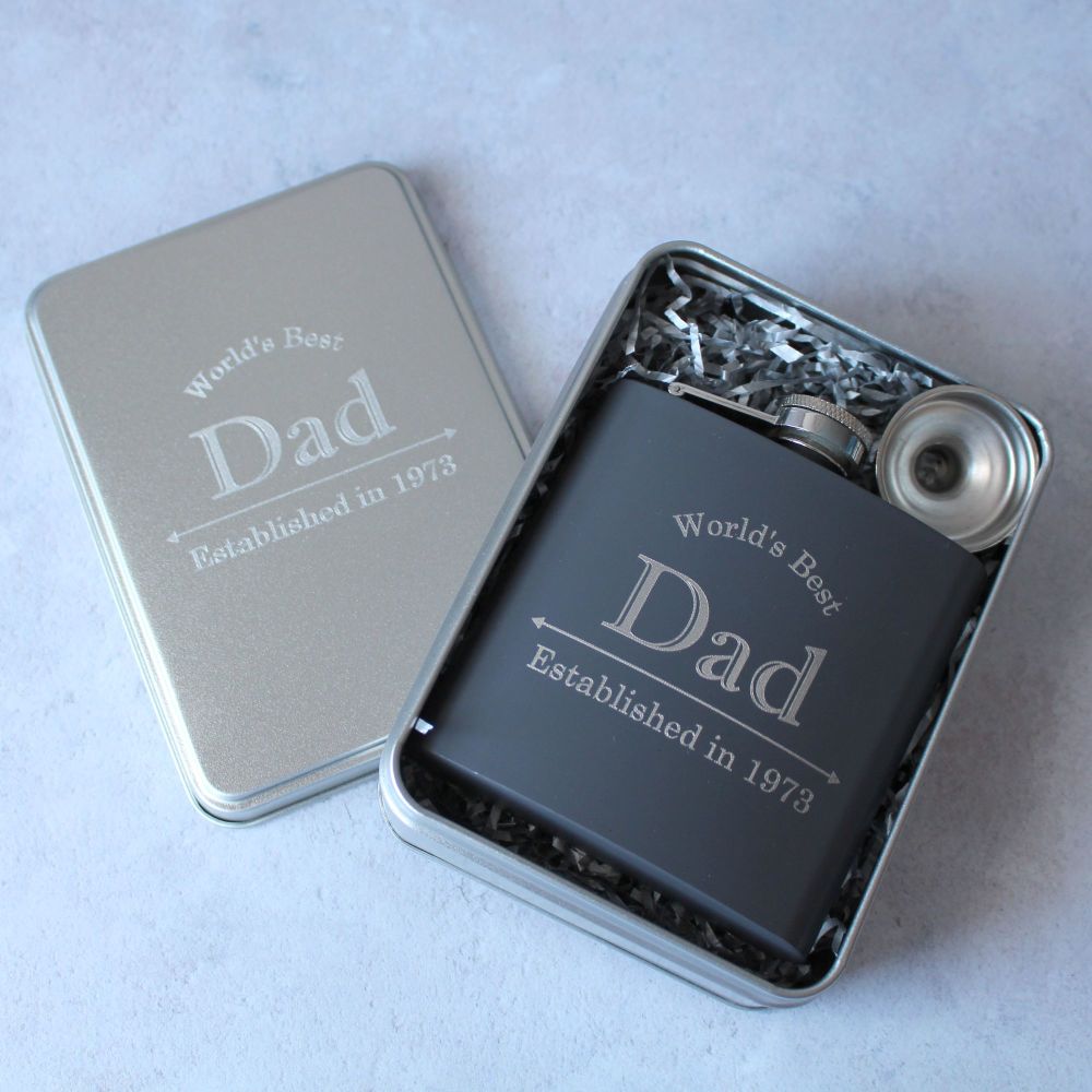 Worlds Best Dad - Personalised Grey or Black Hipflask in Presentation Tin