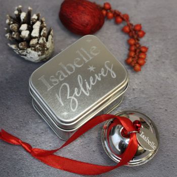 Personalised 'Believe' Jingle Bell Christmas Tree Decoration in a Silver Tin