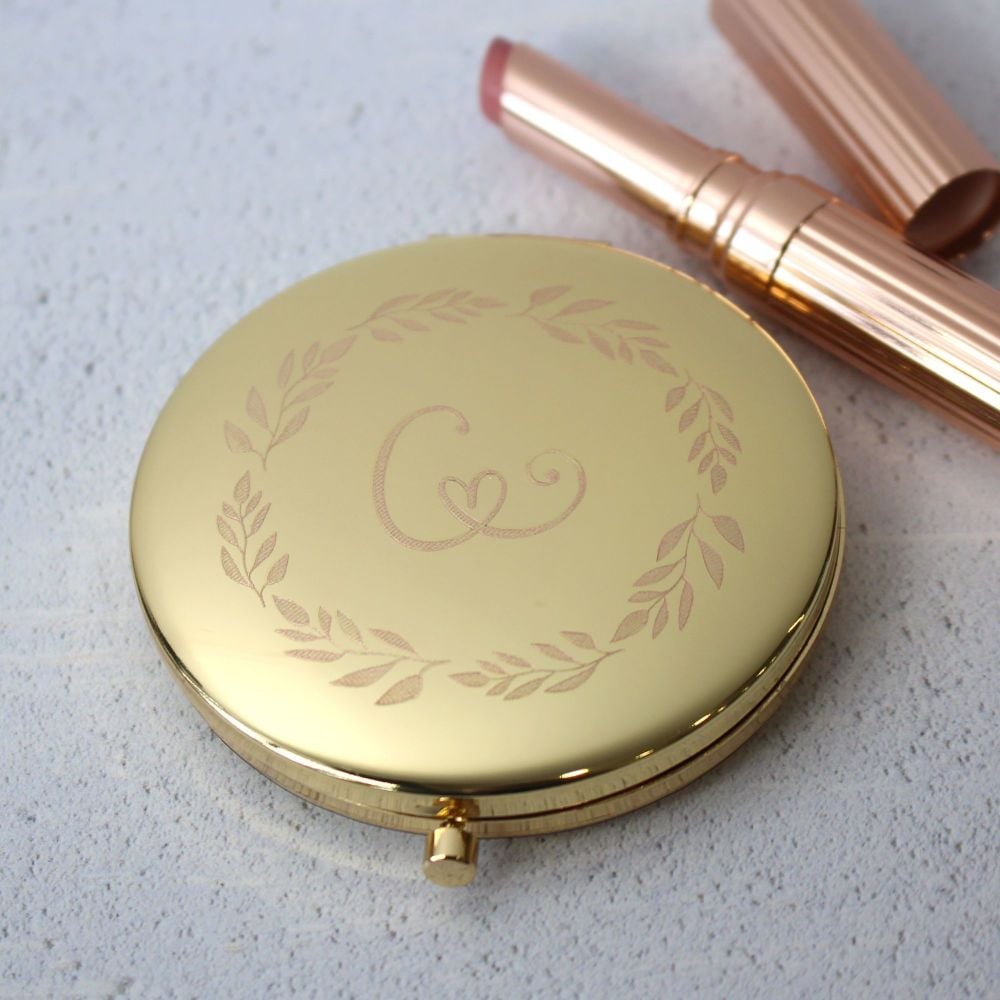 Gold Wreath Monogram Engraved Personalised Engraved Compact Mirror | Brides