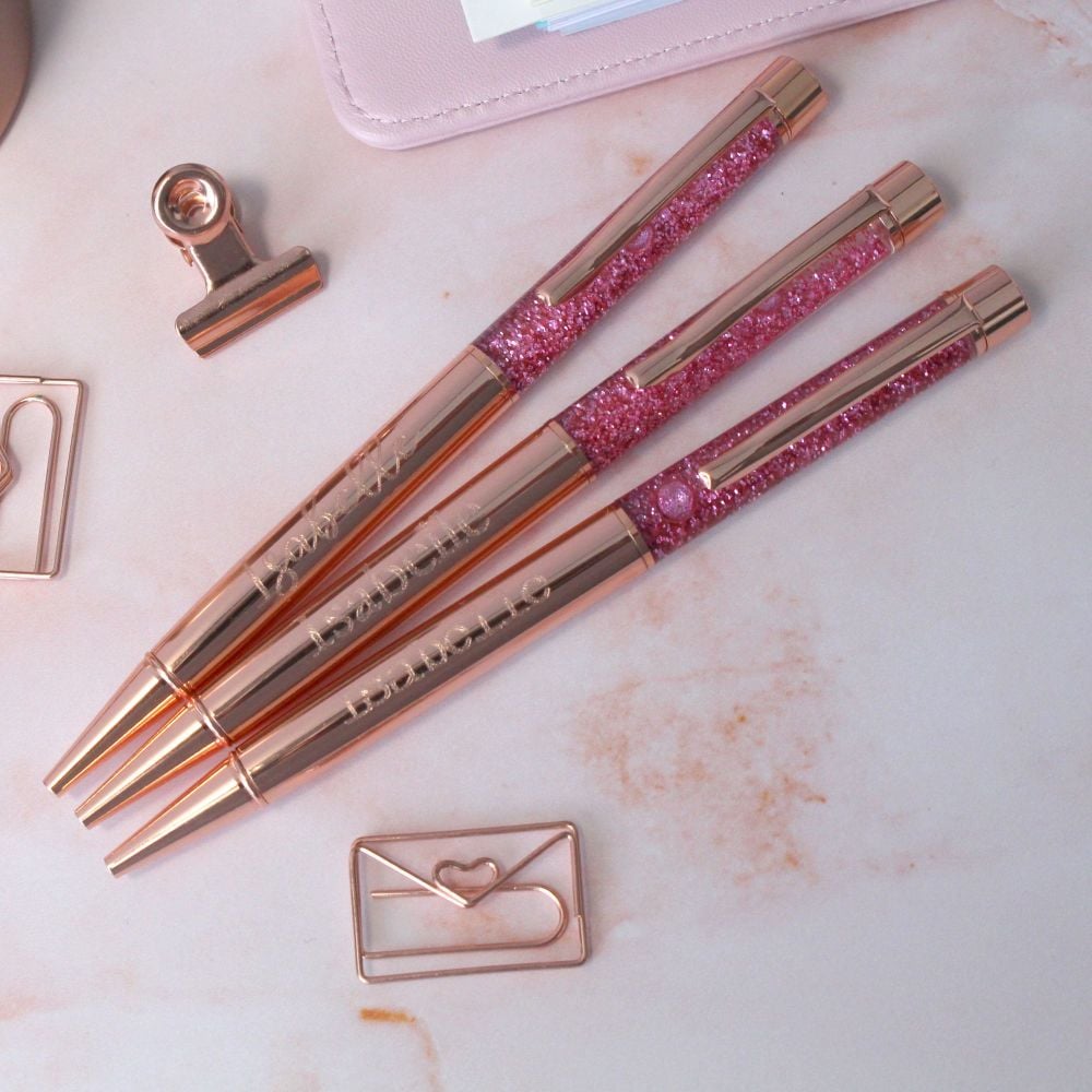Personalised Engraved Rose Gold Pink Glitter Sparkle Ballpoint Pen