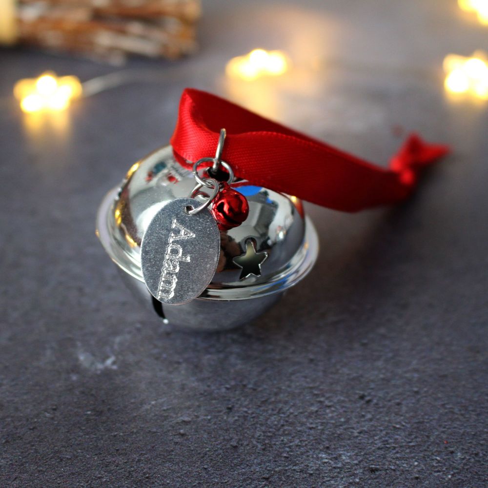 Personalised 'Believe' Jingle Bell Christmas Tree Decoration with Red Ribbon