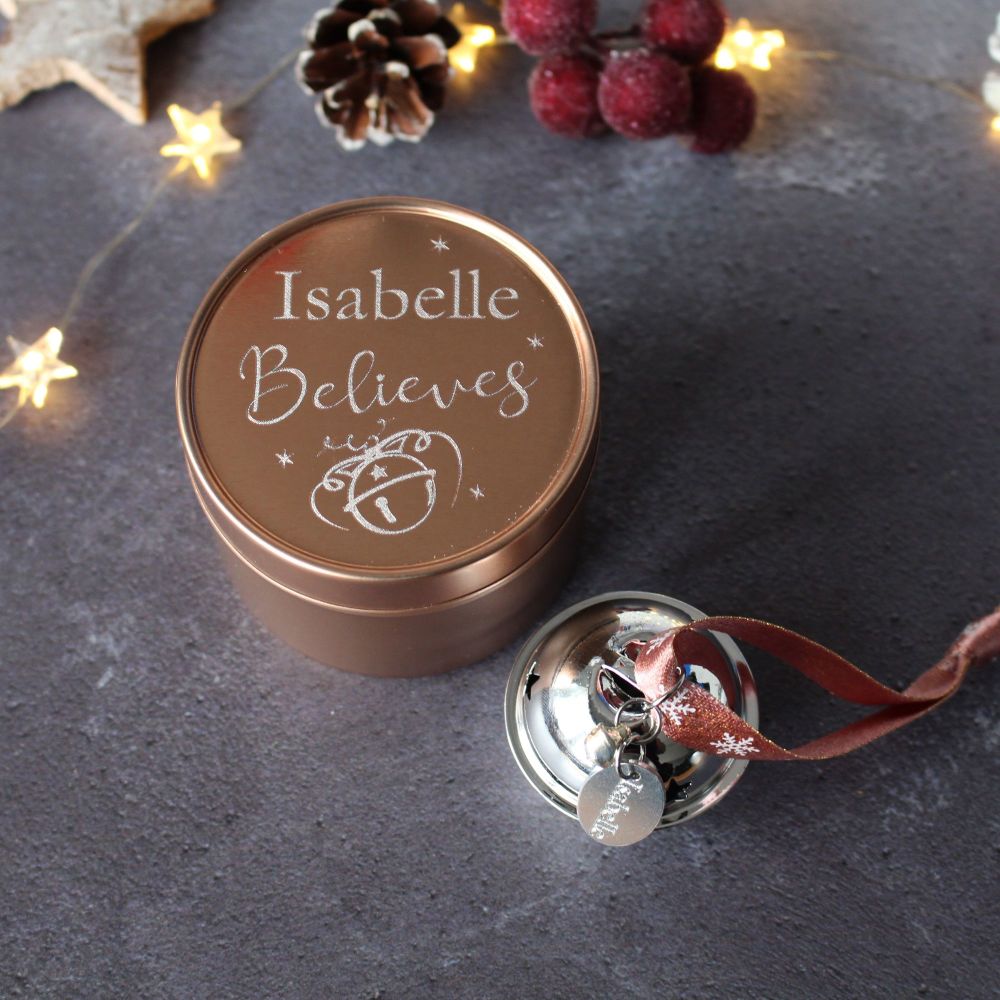 Personalised 'Believe' Jingle Bell Christmas Tree Decoration in a Rose Gold Tin