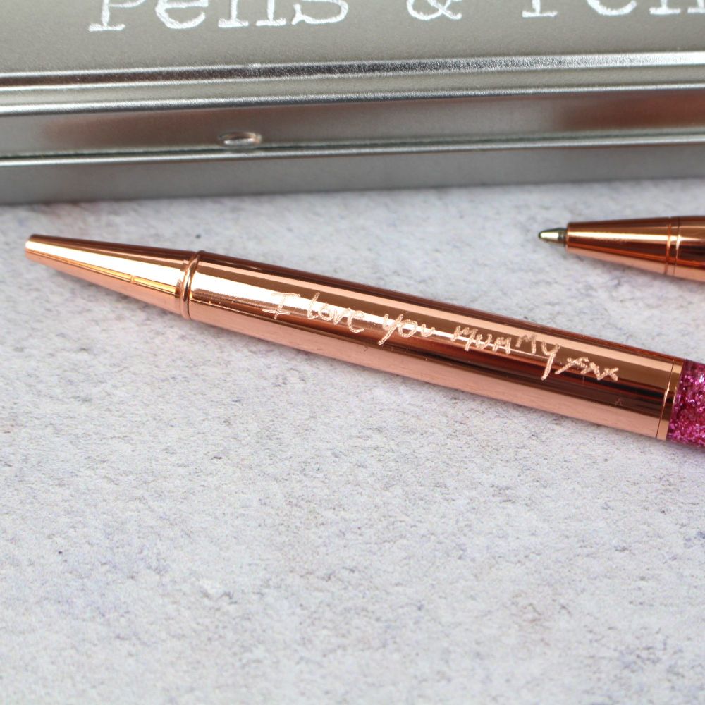 Actual Handwriting Engraved Rose Gold Pink Glitter Sparkle Ballpoint Pen