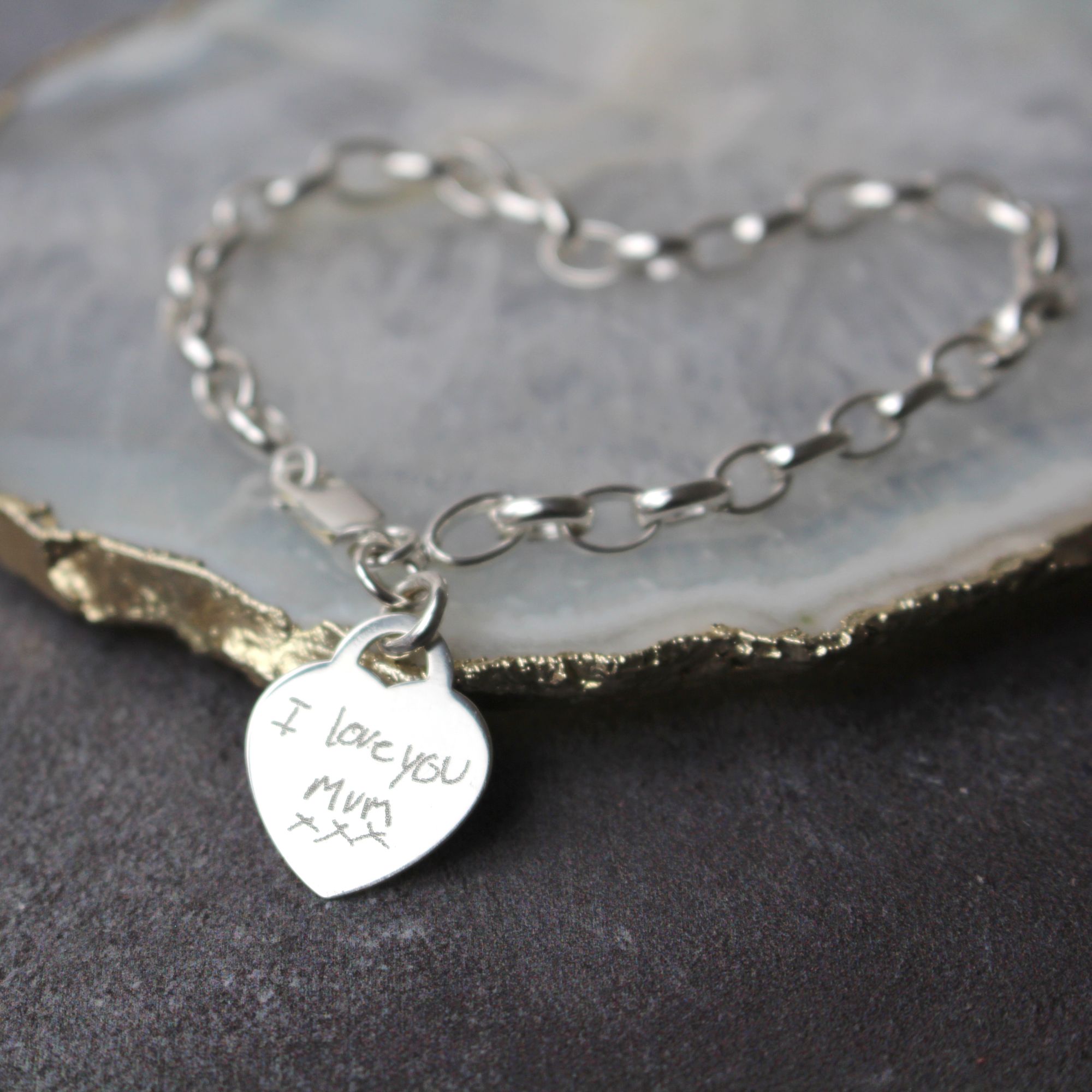 Handwrtiting engraved silver bracelet by Polly Red