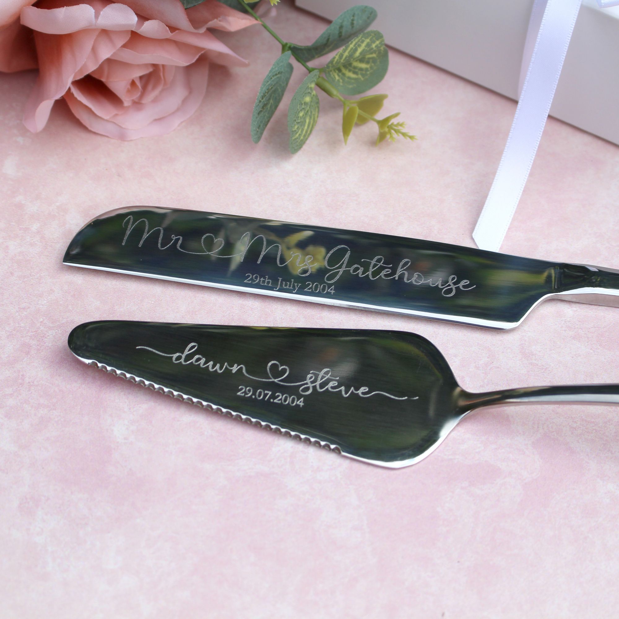 Personalised Silver Wedding Knife and server  set by Polly Red
